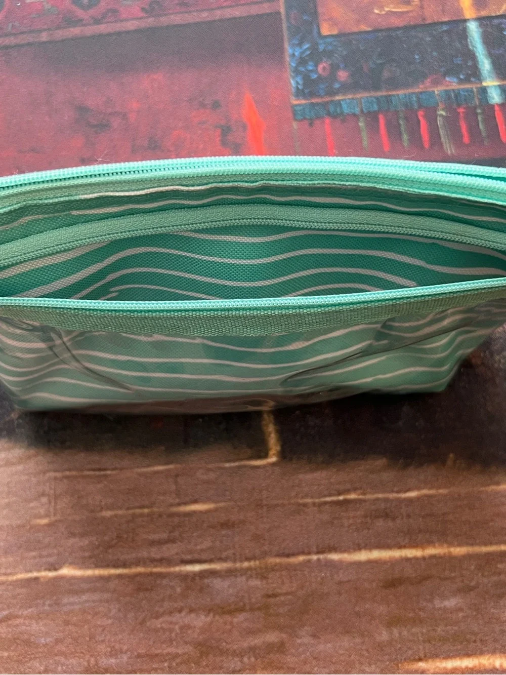 thirty-one Mint Green Striped Clear Front Makeup Pouch